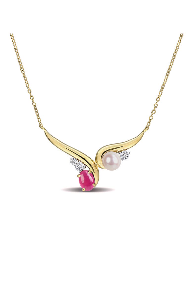6-6.5mm Cultured Freshwater Pearl with Created Ruby and White Sapphire Necklace, Main, color, RED
