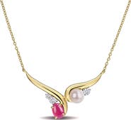 DELMAR 6-6.5mm Cultured Freshwater Pearl with Created Ruby and White Sapphire Necklace