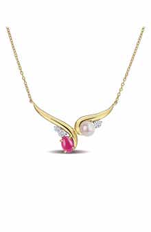 DELMAR 6-6.5mm Cultured Freshwater Pearl with Created Ruby and White Sapphire Necklace
