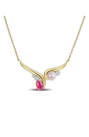 Delmar 6-6.5mm Cultured Freshwater Pearl With Created Ruby And White Sapphire Necklace In Red