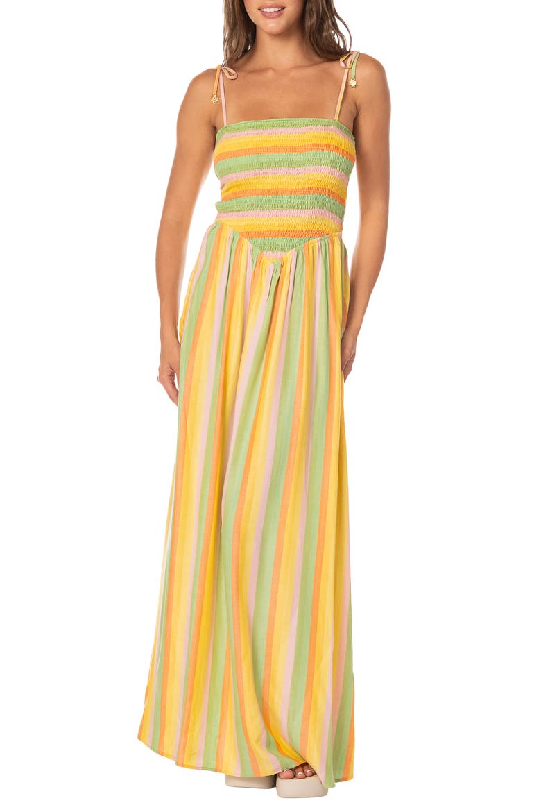 Rhythmic Lines Felicia Cutout Smocked Bodice Maxi Sundress, Main, color, OPEN YELLOW