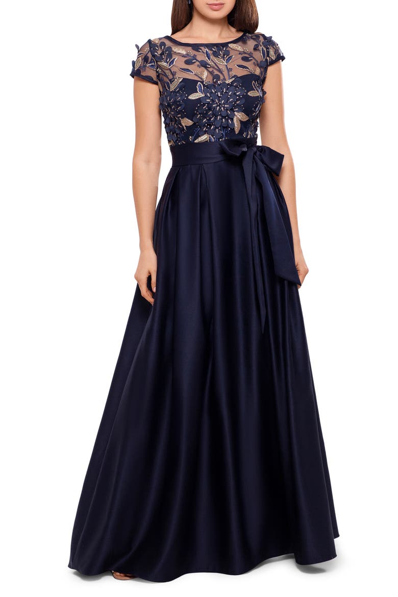 Xscape 3D Flower Bodice Satin Ballgown, Main, color, NAVY/ GOLD