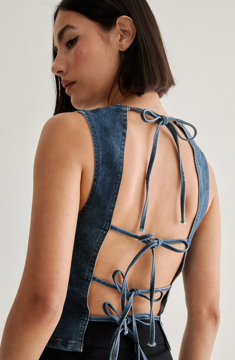 NASTY GAL Lace-Up Back Denim Top, Alternate, color, 