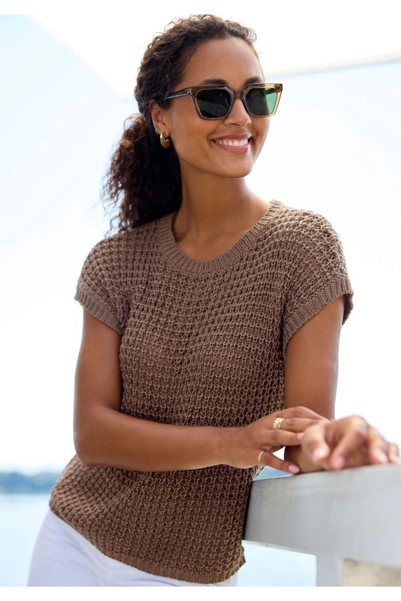 Short Sleeve Openwork Sweater, Alternate, color, Taupe