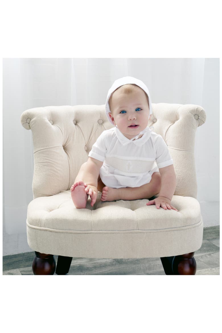 Smocked Christening Bodysuit & Bonnet Set, Alternate, color, WHITE