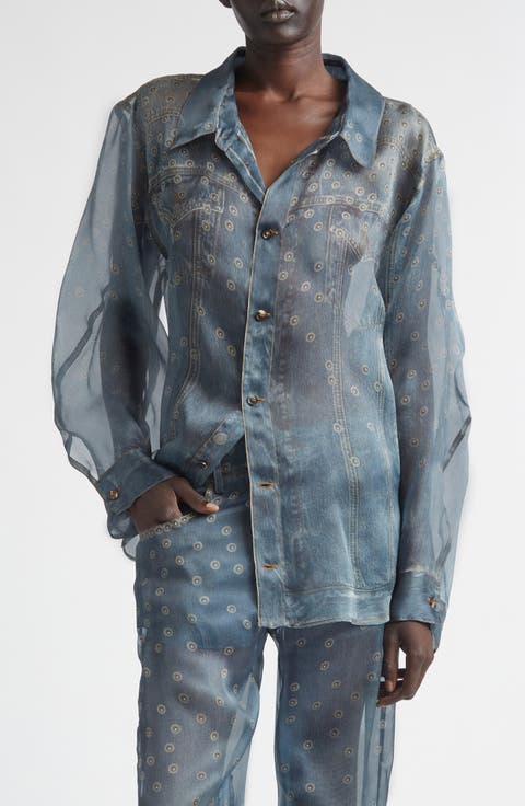 Maya Trompe l'Oeil Silk Organza Button-Up Shirt