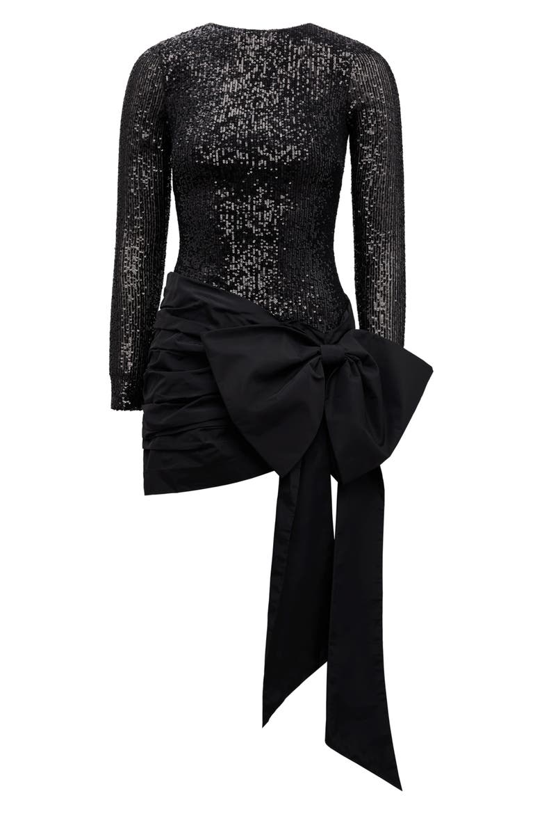 Dolly Sequin Bow Long Sleeve Cocktail Minidress, Alternate, color, BLACK