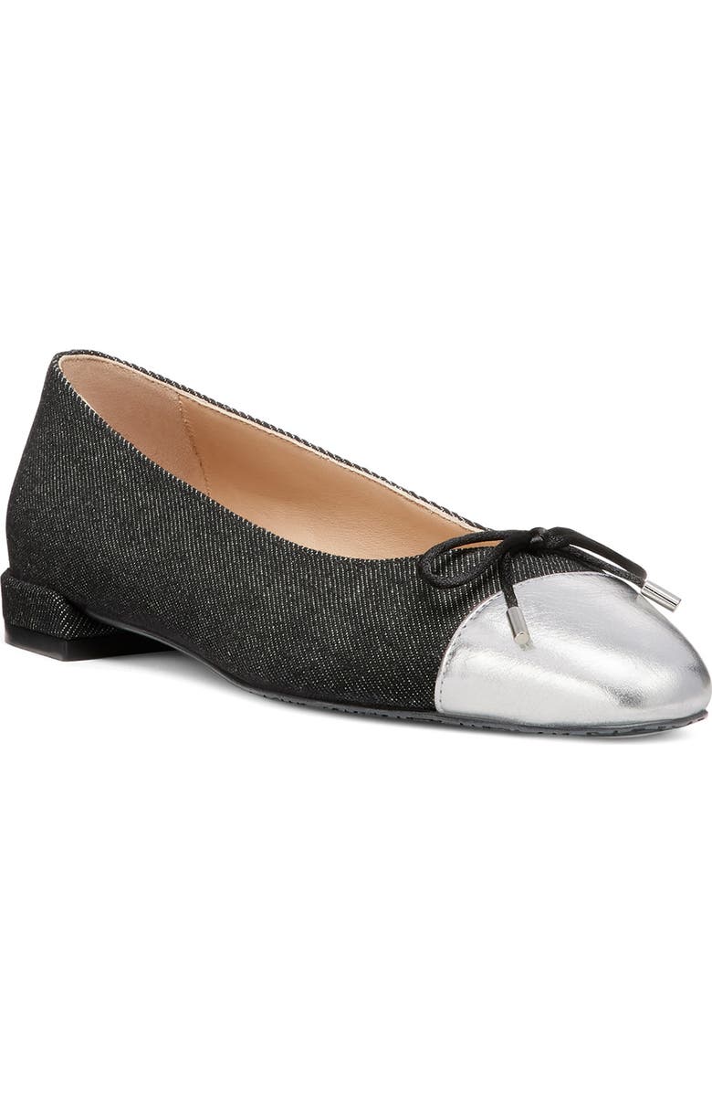 Stuart Weitzman Sleek Cap Toe Bow Flat, Main, color, Black/Silver