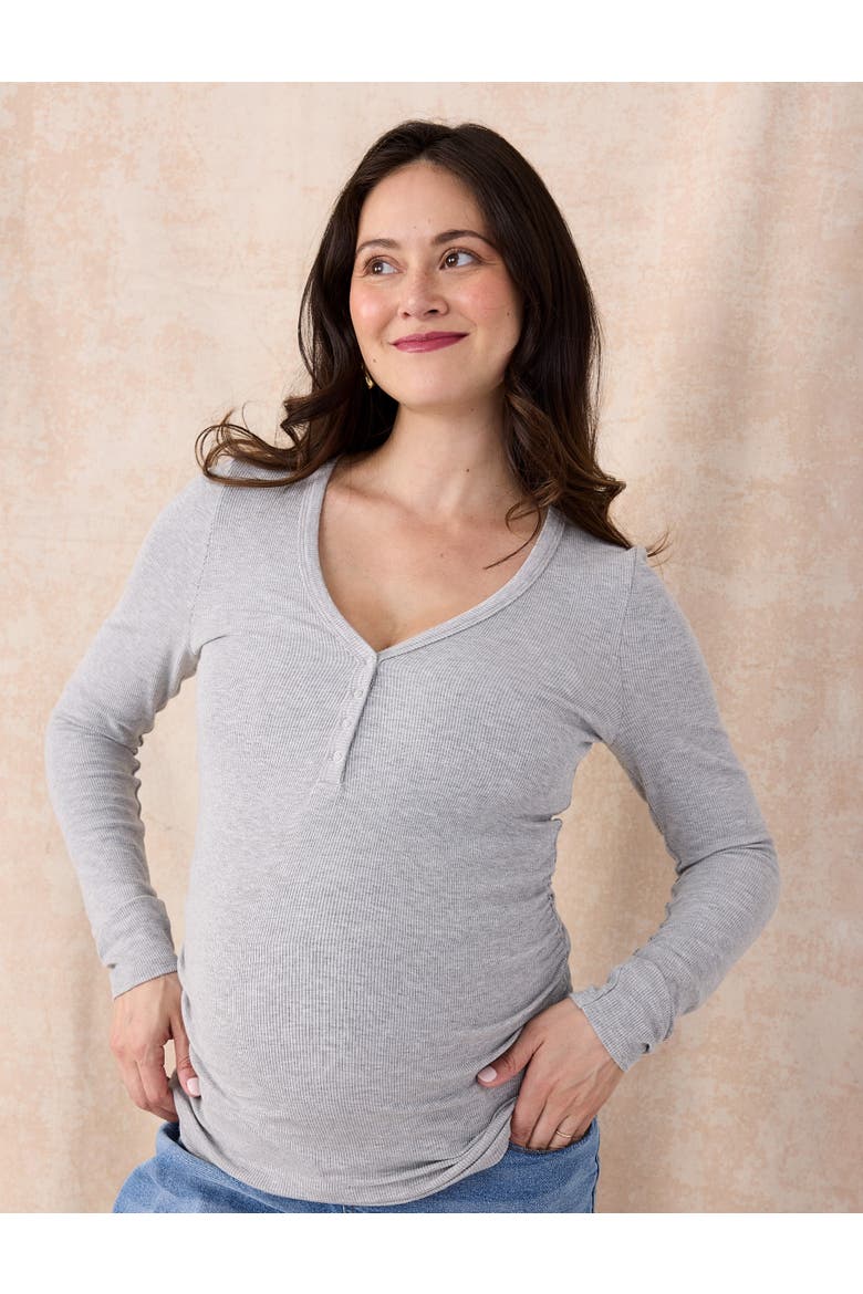 V-Neck Side-Ruched Long Sleeve Henley Tee, Alternate, color, Heather Grey