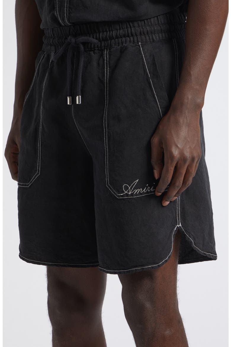 Script Garment Dyed Linen Blend Shorts, Alternate, color, BLACK