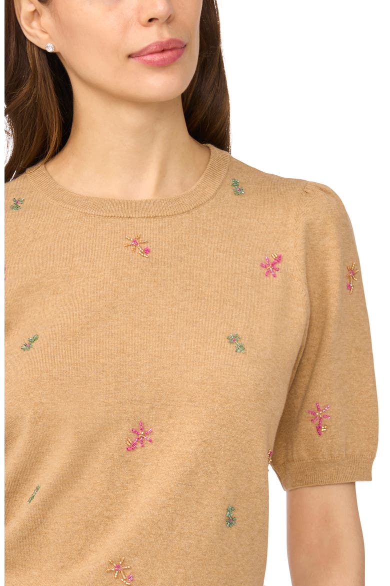 Beaded Short Sleeve Crewneck Sweater, Alternate, color, LATTE HEATHER