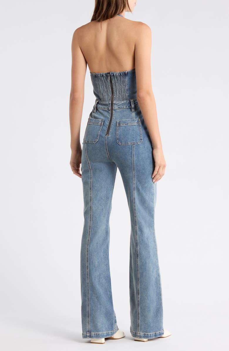 Alice + Olivia Pennie Halter Neck Bustier Denim Jumpsuit, Alternate, color, 