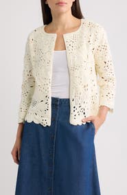 Anne Klein Openwork Floral Cotton Cardigan