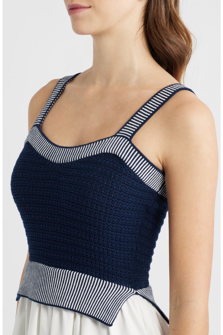 Crochet Top Mixed Media Midi Dress, Alternate, color, NAVY/ OFF WHITE