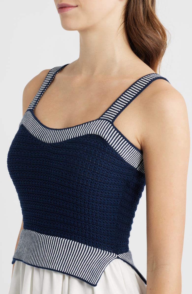 MOON RIVER Crochet Top Mixed Media Midi Dress, Alternate, color, Navy/ Off White