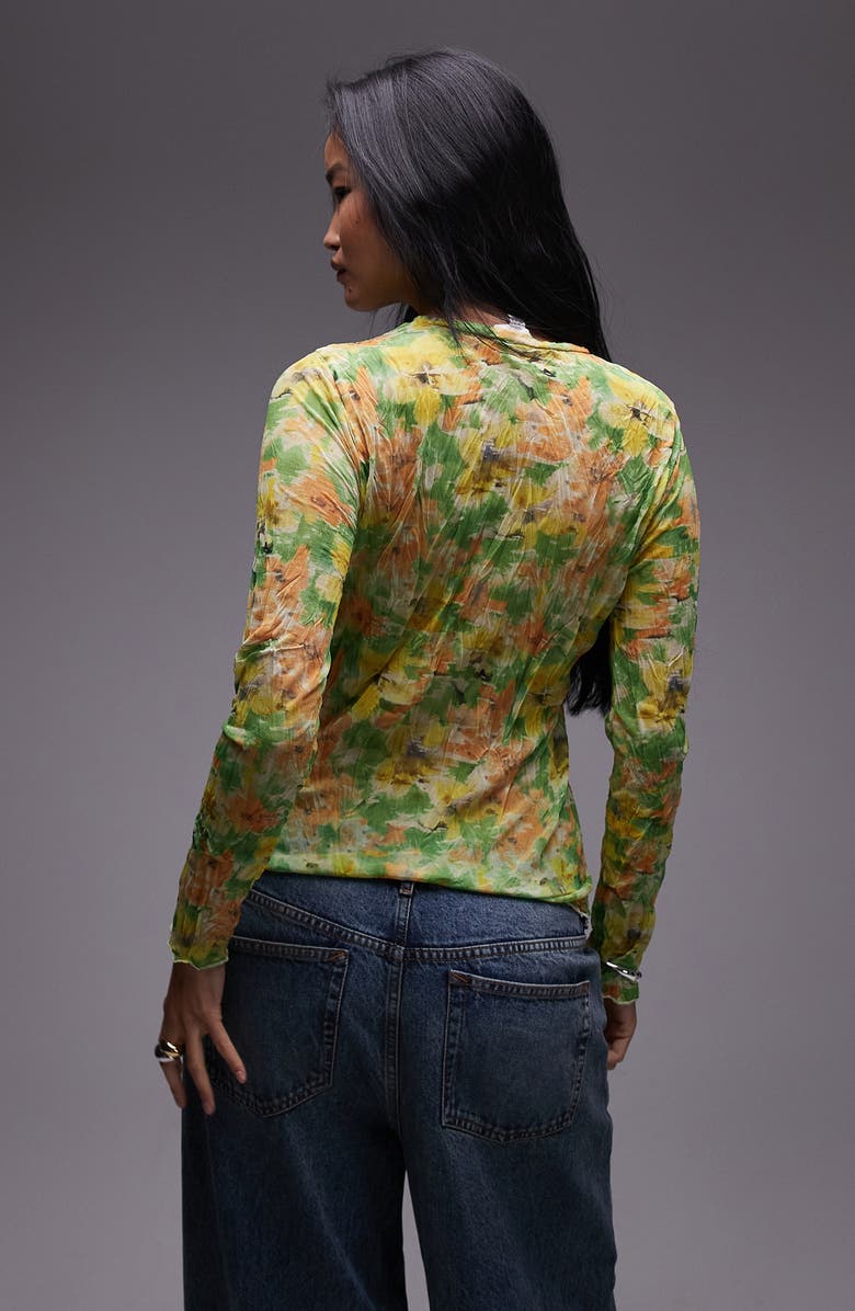 Topshop Watercolor Floral Crinkle Top, Alternate, color, Medium Green