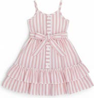 Mia Belle Girls Pink Candy Stripe Button-Up Linen Ruffle Dress