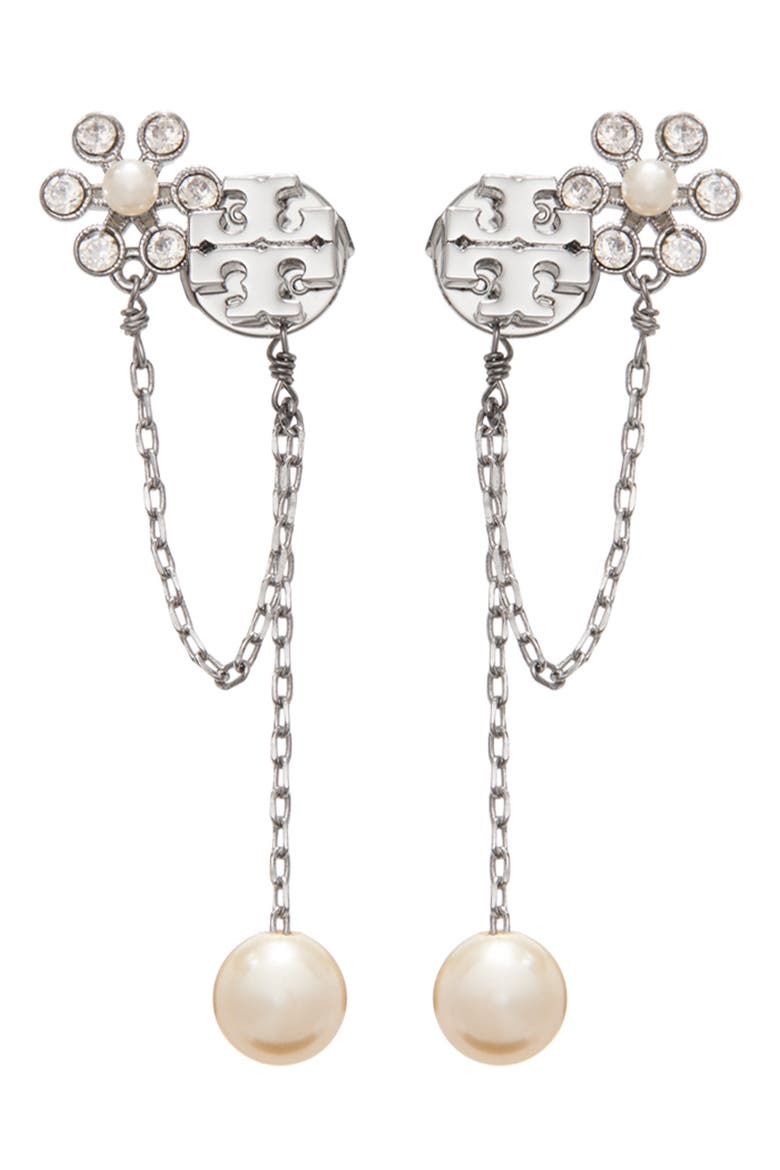 Kira Faux Pearl Chain Linear Earrings, Main, color, TORY SILVER / CREAM