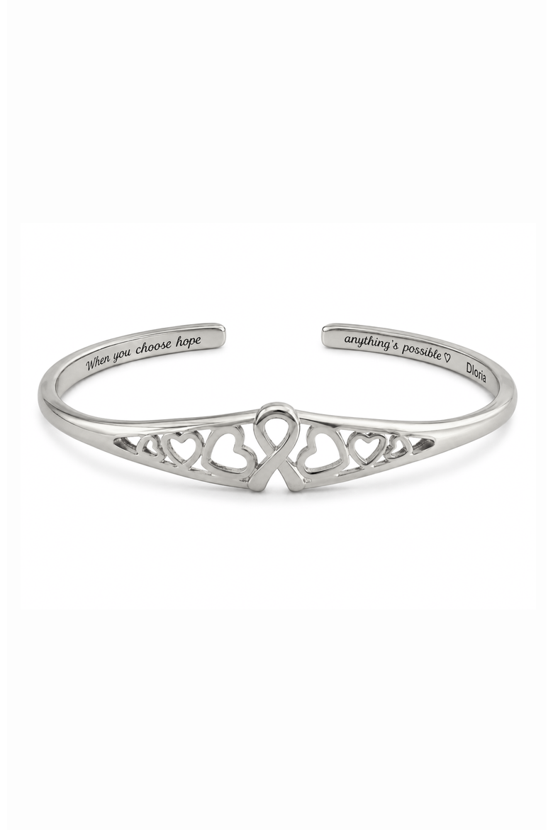 Choose Hope Cancer Awareness Heart Engraved Adjustable Cuff Bracelet, Main, color, Silver