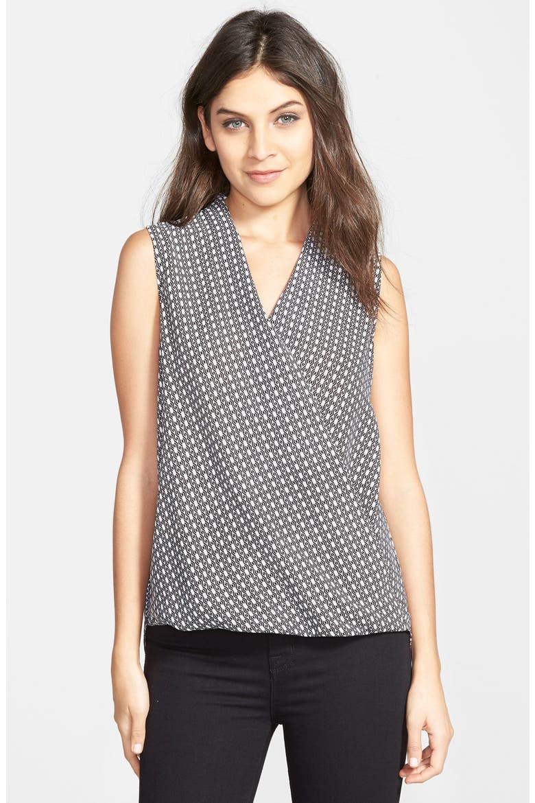 Sleeveless Faux Wrap Blouse, Main, color, BLACK/ WHITE LINED ELLIPSE