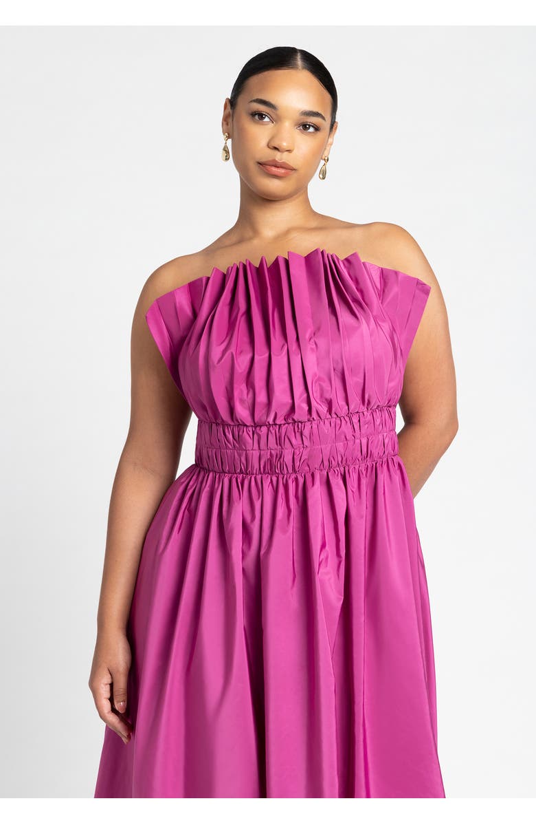 ELOQUII Pleated Ruffle Neckline Midi Dress, Alternate, color, Vivid Viola