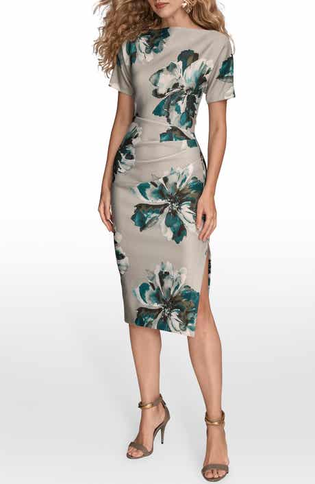 Floral Pleated Scuba Sheath Midi Dress