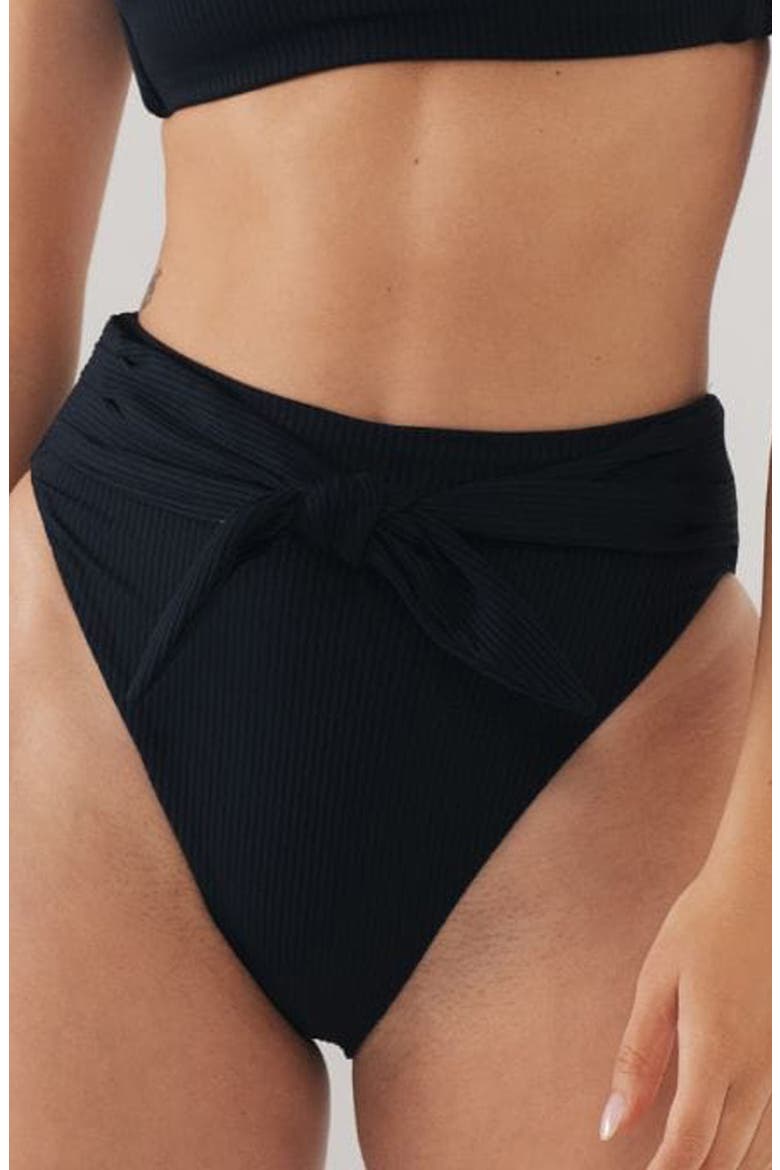 Paula Rib Waist Tie Bikini Bottoms, Main, color, BLACK RIB