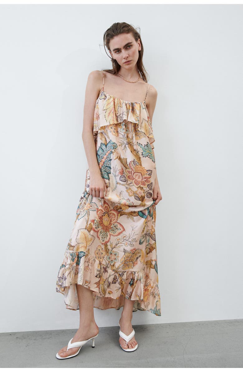 H&M Frill-trimmed A-line Dress, Alternate, color, Beige/Patterned