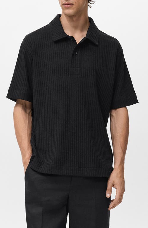 Mango Textured Knit Polo In Black