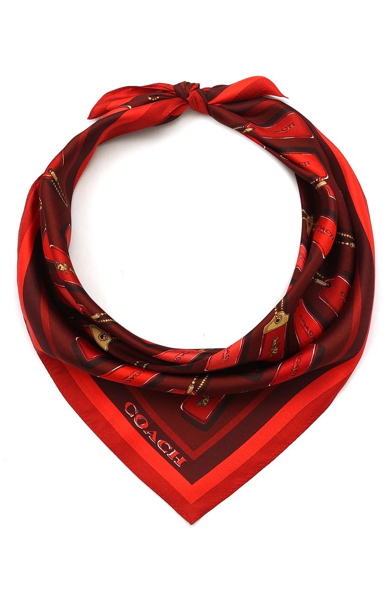 COACH Horse & Carriage Hangtag Print Silk Square Scarf, Main, color, True Red/ Multi