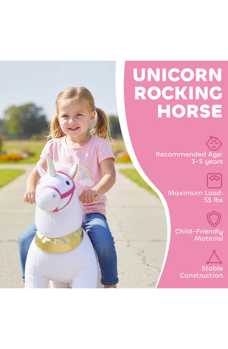 Qaba Ride on Unicorn Toy for Kids Plush Baby Rocking Horse Mechanical Walking Animal with Wheels No Batteries Required, Alternate, color, White