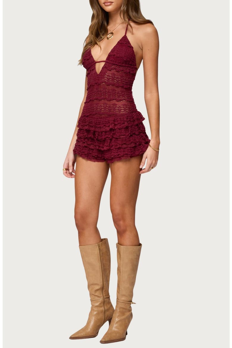 Lanney Ruffle Sheer Lace Halter Romper, Alternate, color, BURGUNDY
