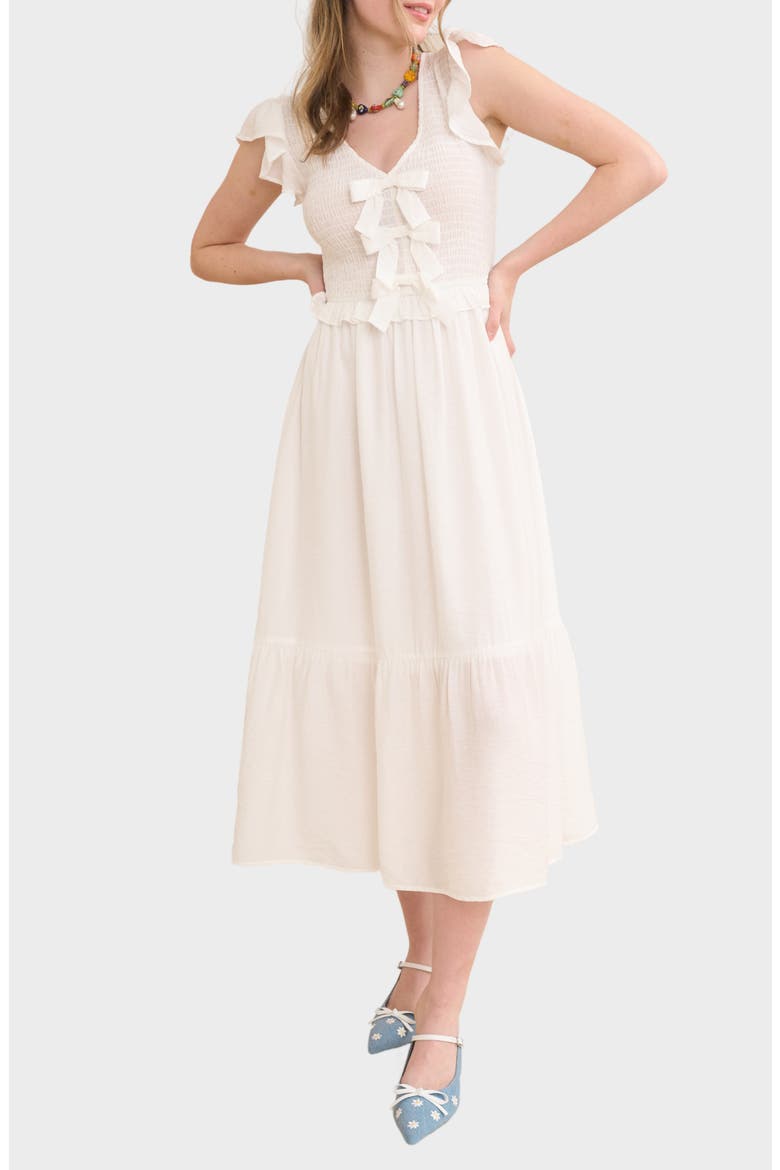 Bow Cap Sleeve Smocked Fit & Flare Midi Dress, Main, color, WHITE
