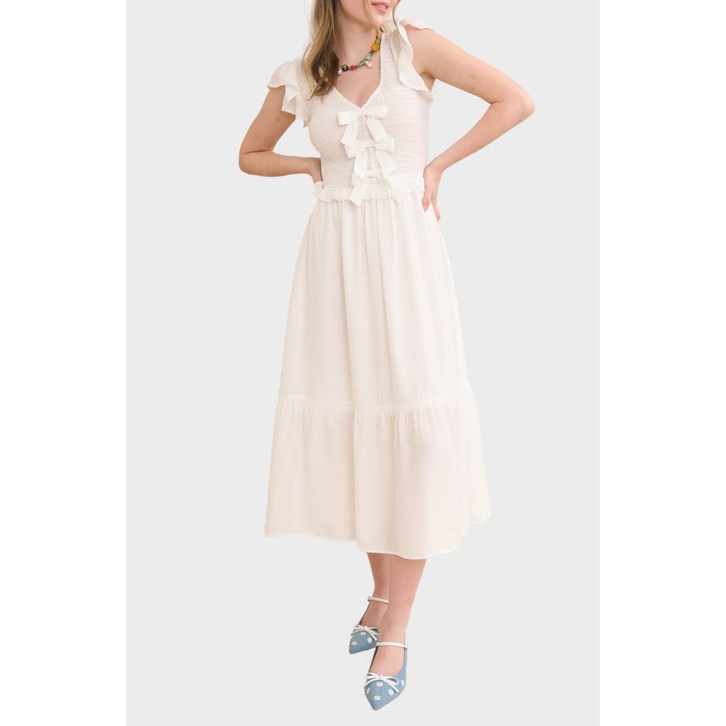 BLU PEPPER BLU PEPPER BOW CAP SLEEVE SMOCKED FIT & FLARE MIDI DRESS