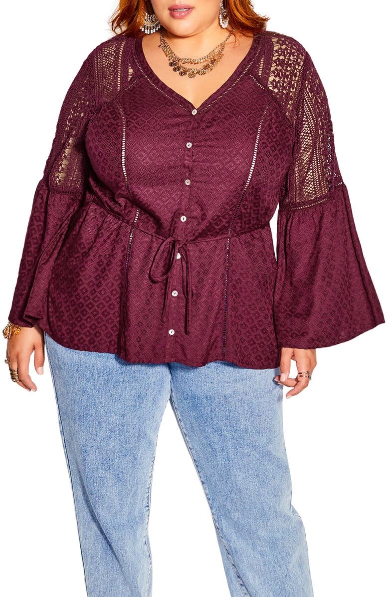 City Chic Sweet Dream Lace Trim Bell Sleeve Top, Main, color, 