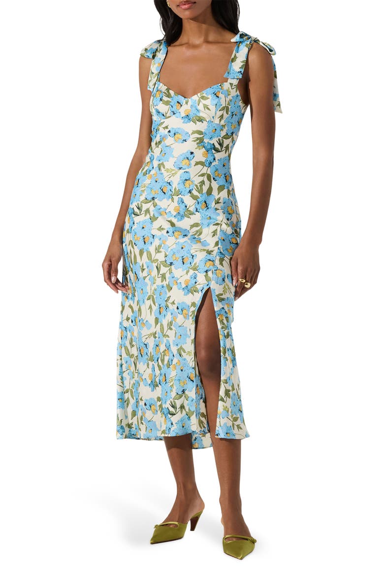 Bow Strap Satin Dress, Main, color, BLUE FLORAL