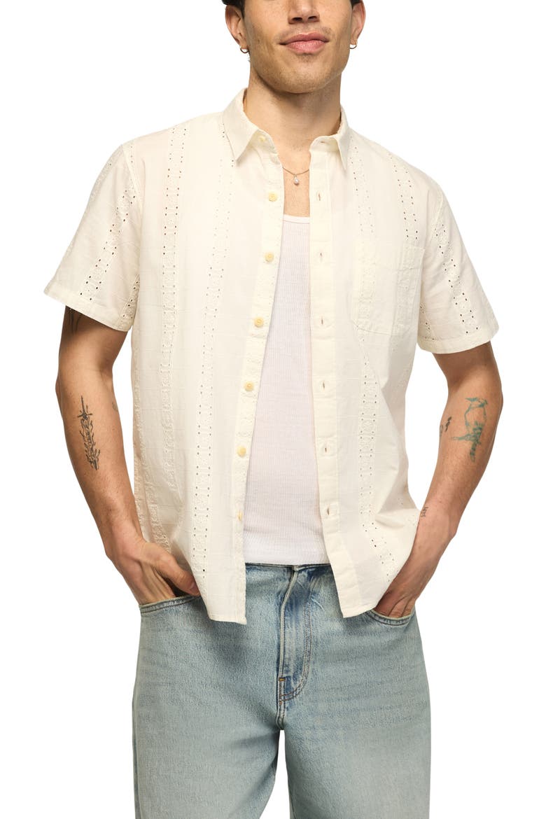 San Gabriel Short Sleeve Cotton Eyelet Button-Up Shirt, Main, color, TOFU