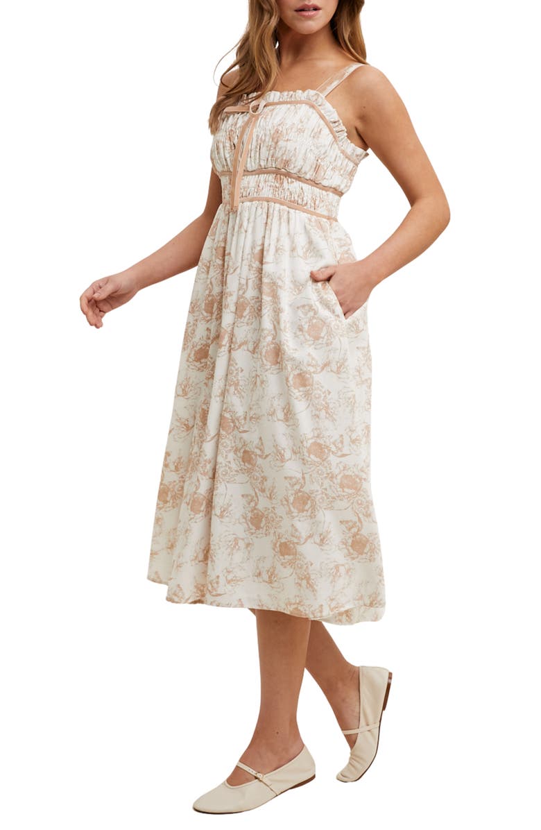 WISHLIST Floral Ruched Midi Dress, Alternate, color, Taupe/ White