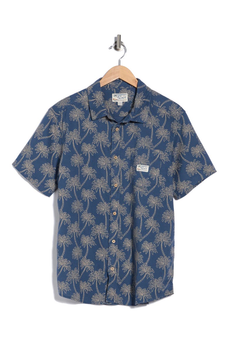 Exotica Regular Fit Floral Short Sleeve Linen Blend Button-Up Shirt, Alternate, color, DARK DENIM