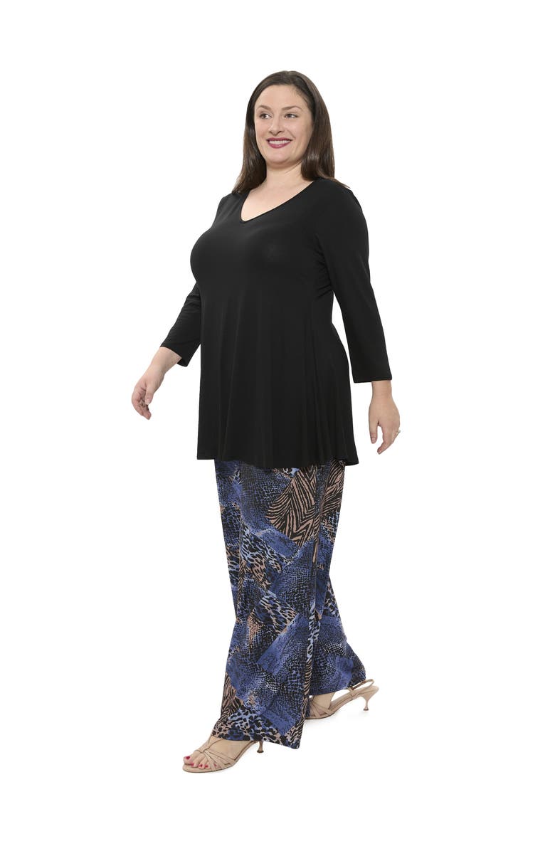 24seven Comfort Apparel Plus Size Animal Print V Neck Long Sleeve Swing Tunic Top and Pant Set, Alternate, color, Blue Multi