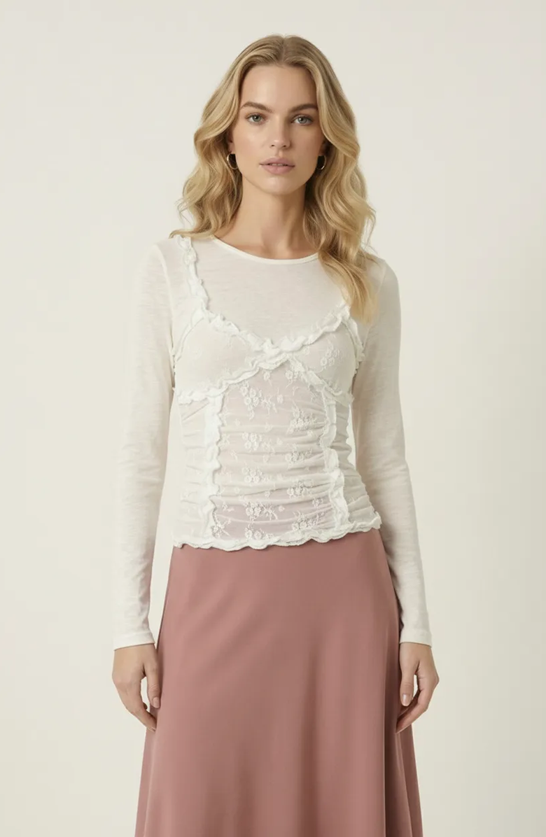 Modenaire Long Sleeve Layered Lace Top, Main, color, Ivory