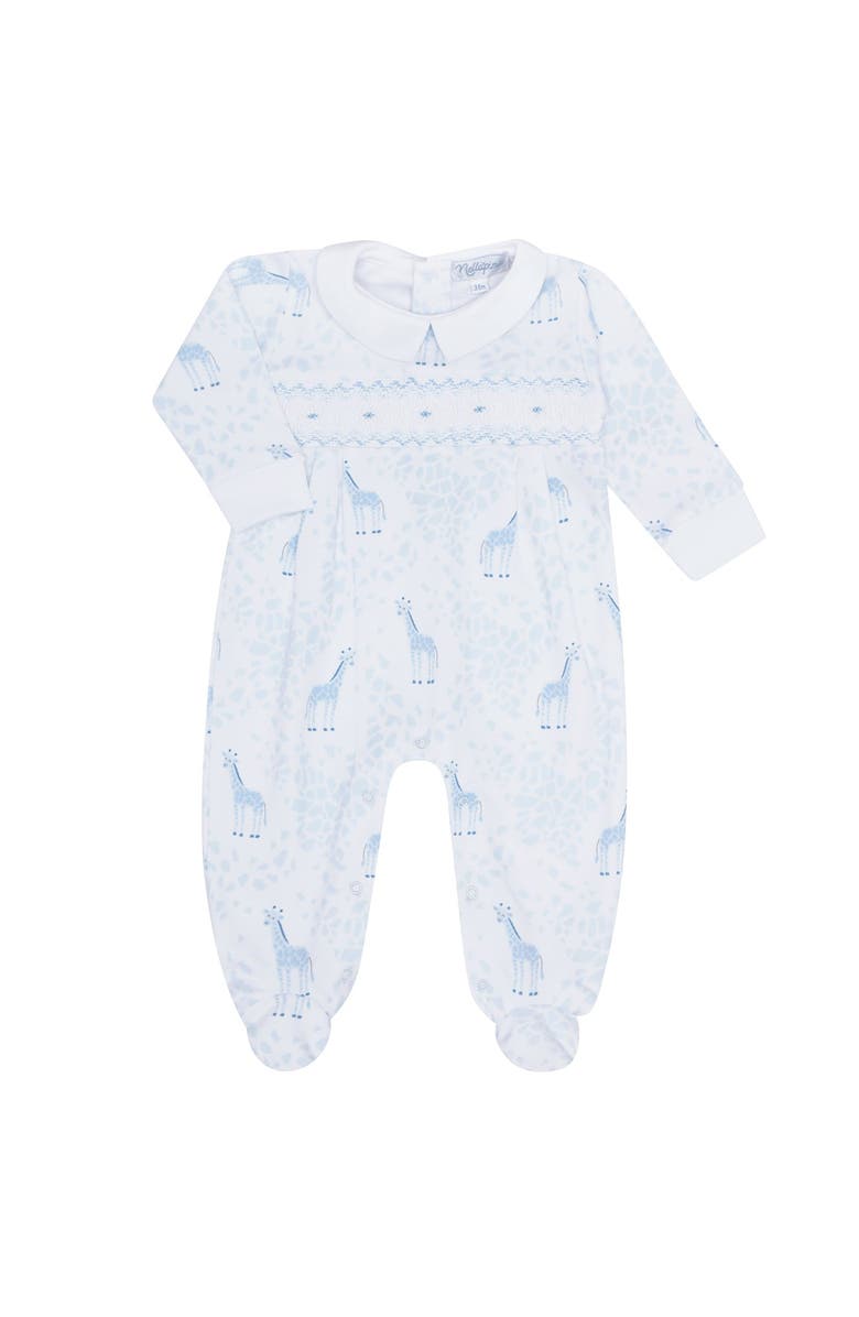 Nellapima Blue Giraffe Print Smocked Footie - Baby, Alternate, color, Blue