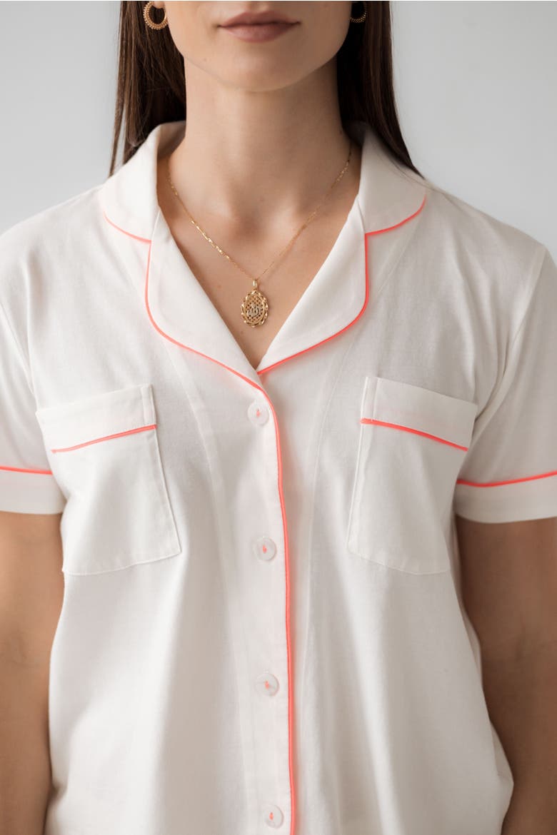 Classic Luxury Capri Pajamas in  Brushed Pima Cotton, Alternate, color, White/Neon Pink