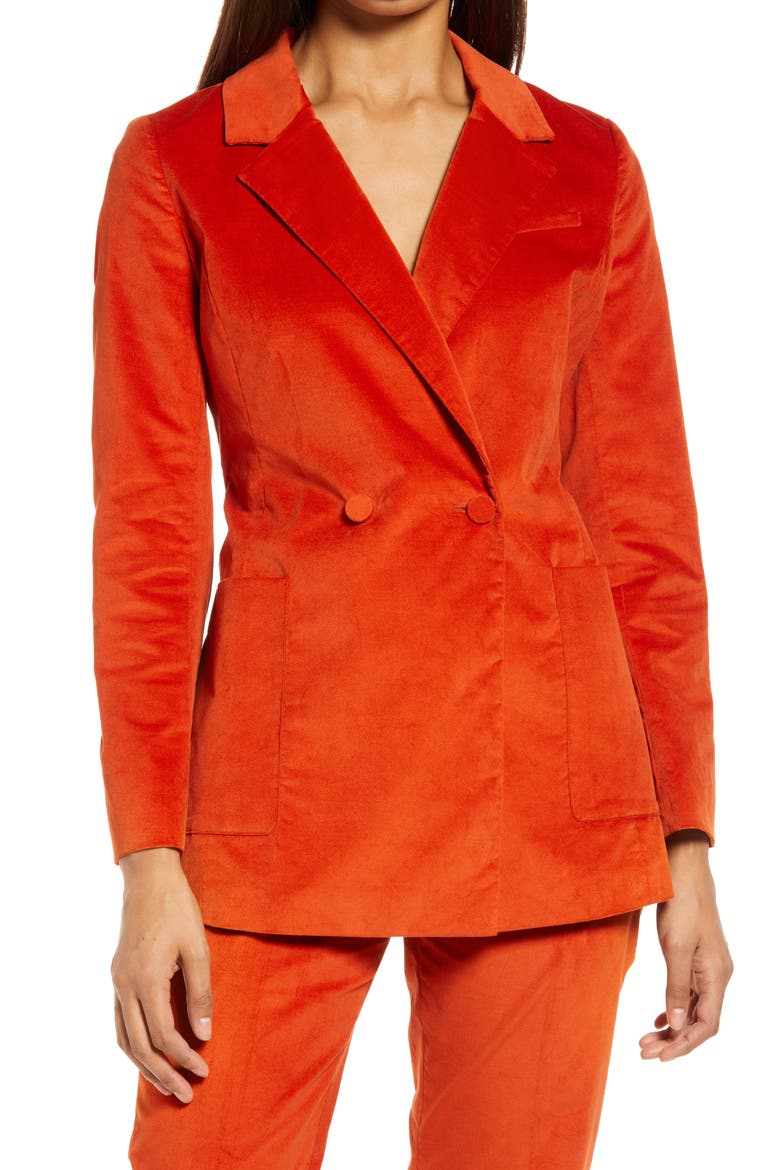 Double Breasted Velvet Blazer, Alternate, color, RUST ROOIBOS
