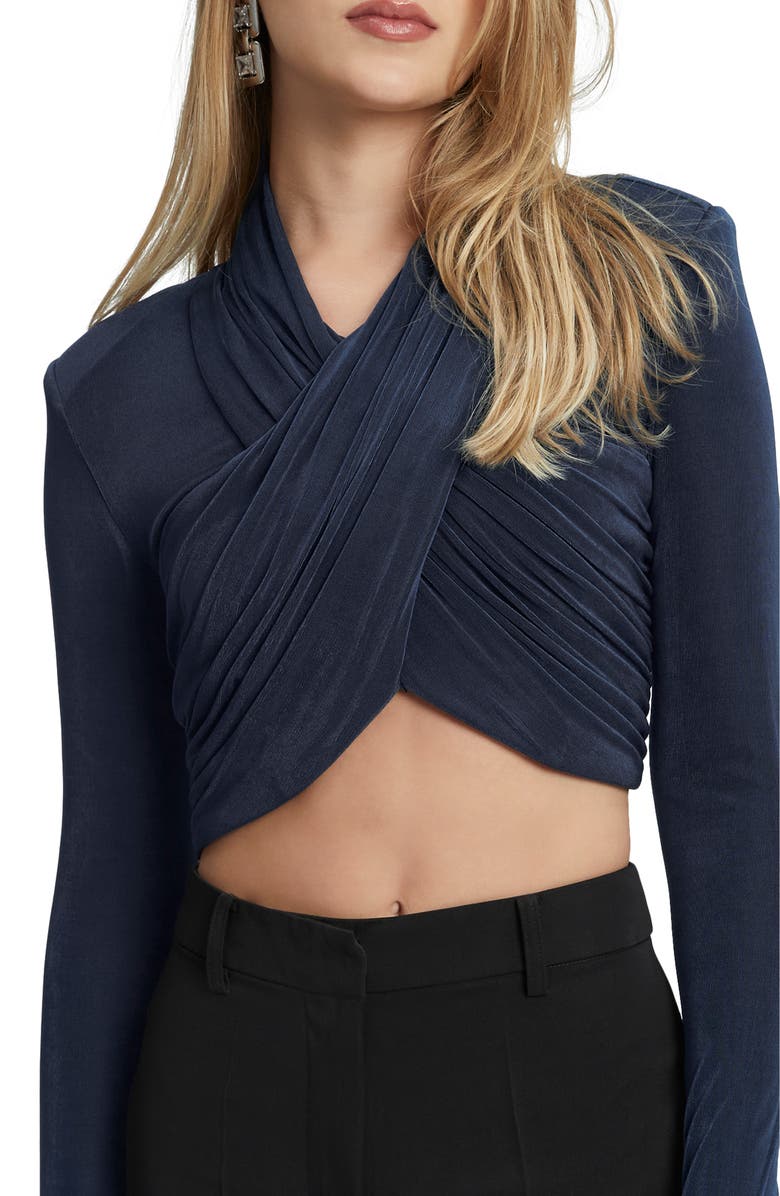 Bardot Aliyah Long Sleeve Crop Top, Alternate, color, Navy