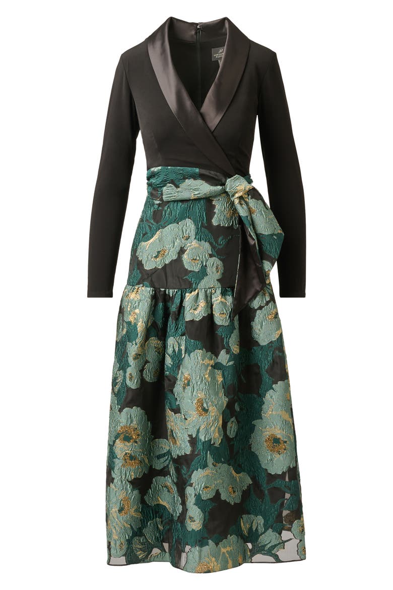Long Sleeve Floral Jacquard Gown, Alternate, color, BLACK/ EMERALD