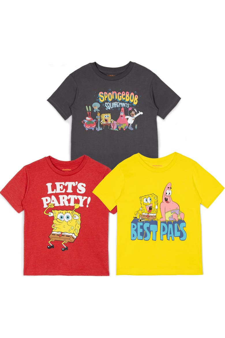 SpongeBob SquarePants 3-Pack Short Sleeve T-Shirts, Main, color, Red Yellow Dark Grey