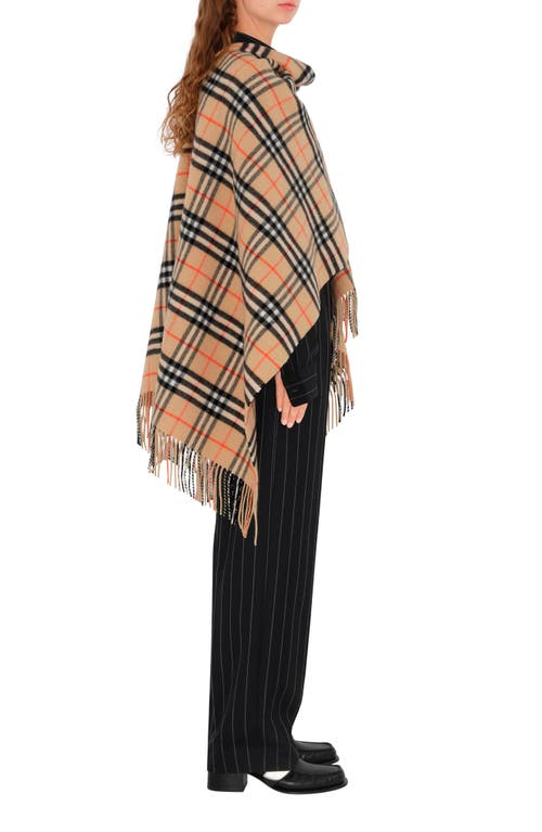 Burberry Charlotte Cape With Plaid Pattern And Fringe In Sand