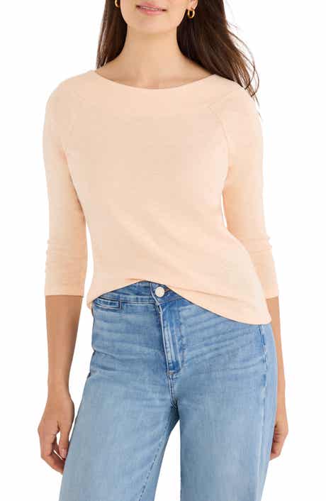 Boat Neck Three-Quarter Sleeve Cotton Blend Top