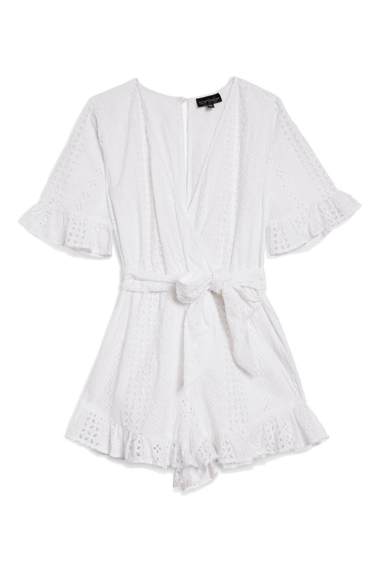 Broderie Anglaise Wrap Front Romper, Alternate, color, WHITE